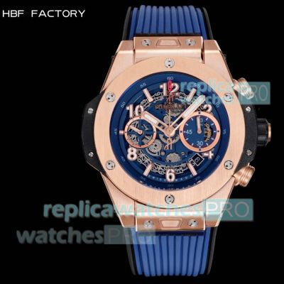 HBF Swiss Copy Hublot Big Bang Unico Rose Gold 45mm Blue Skeleton Dial Men's Automatic Watch 
